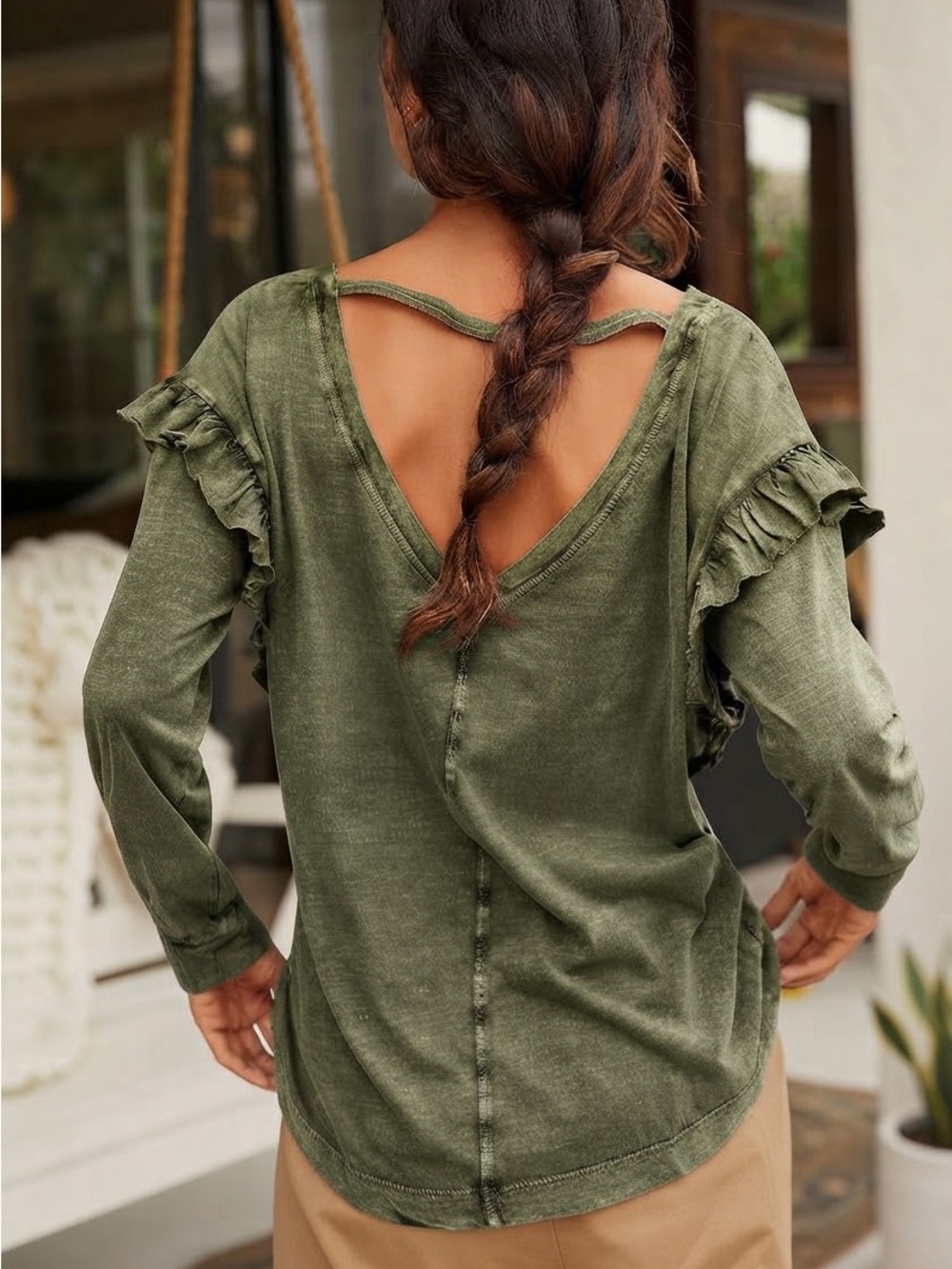 Anthropologie Pilcro Ruffled Open Back Cotton Top M Green Tee Boho